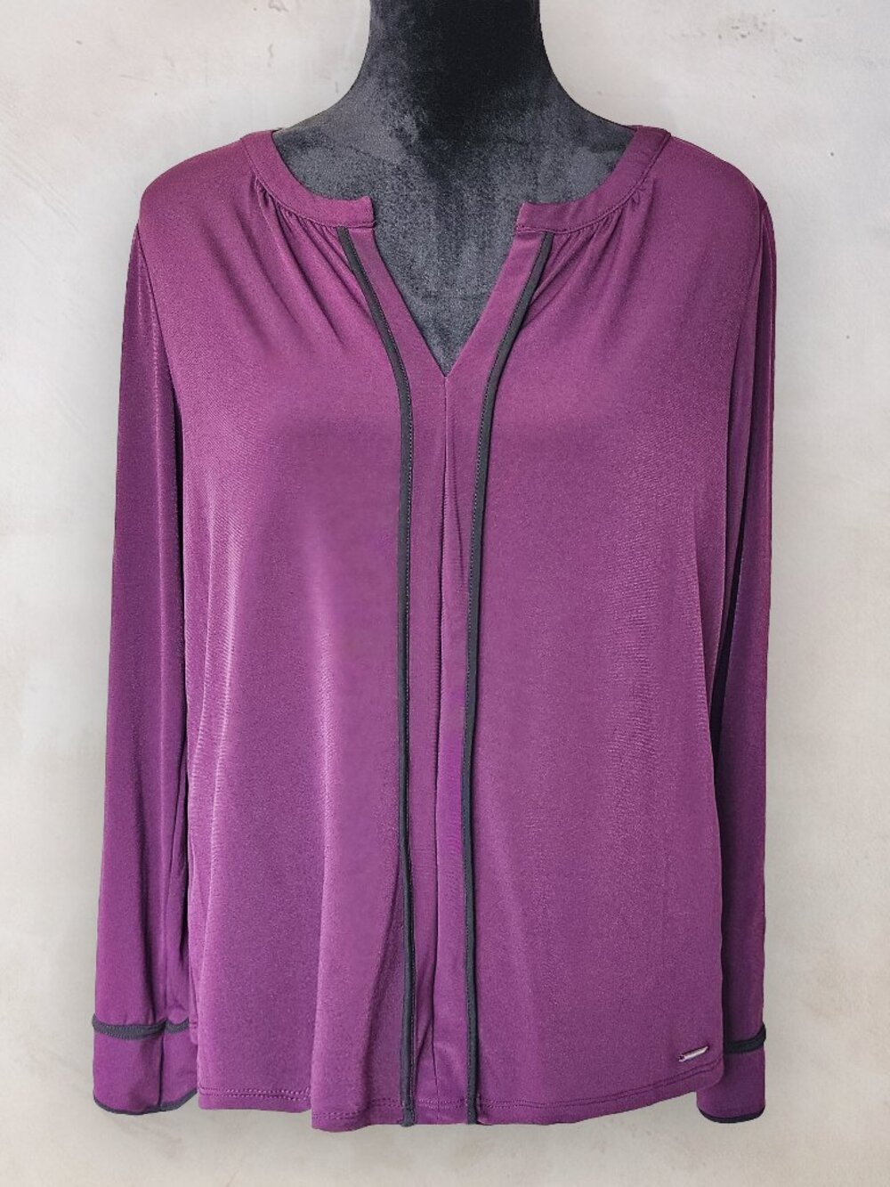 CALVIN KLEIN Purple Plum Split Neck Long Sleeve Blouse Top Contrast Trim PXL